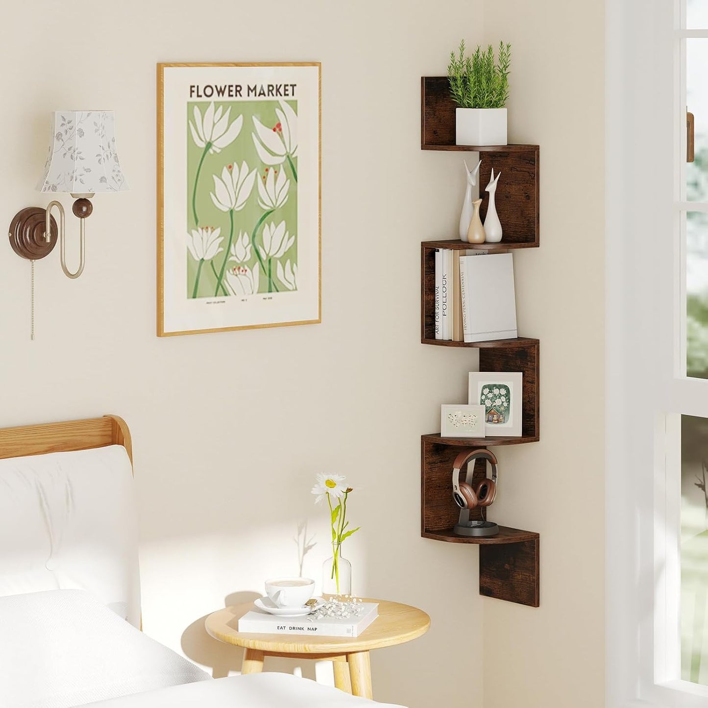5-Tier Corner Shelf Wall Mount Floating Corner Bookshelf Corner Ladder Shelf