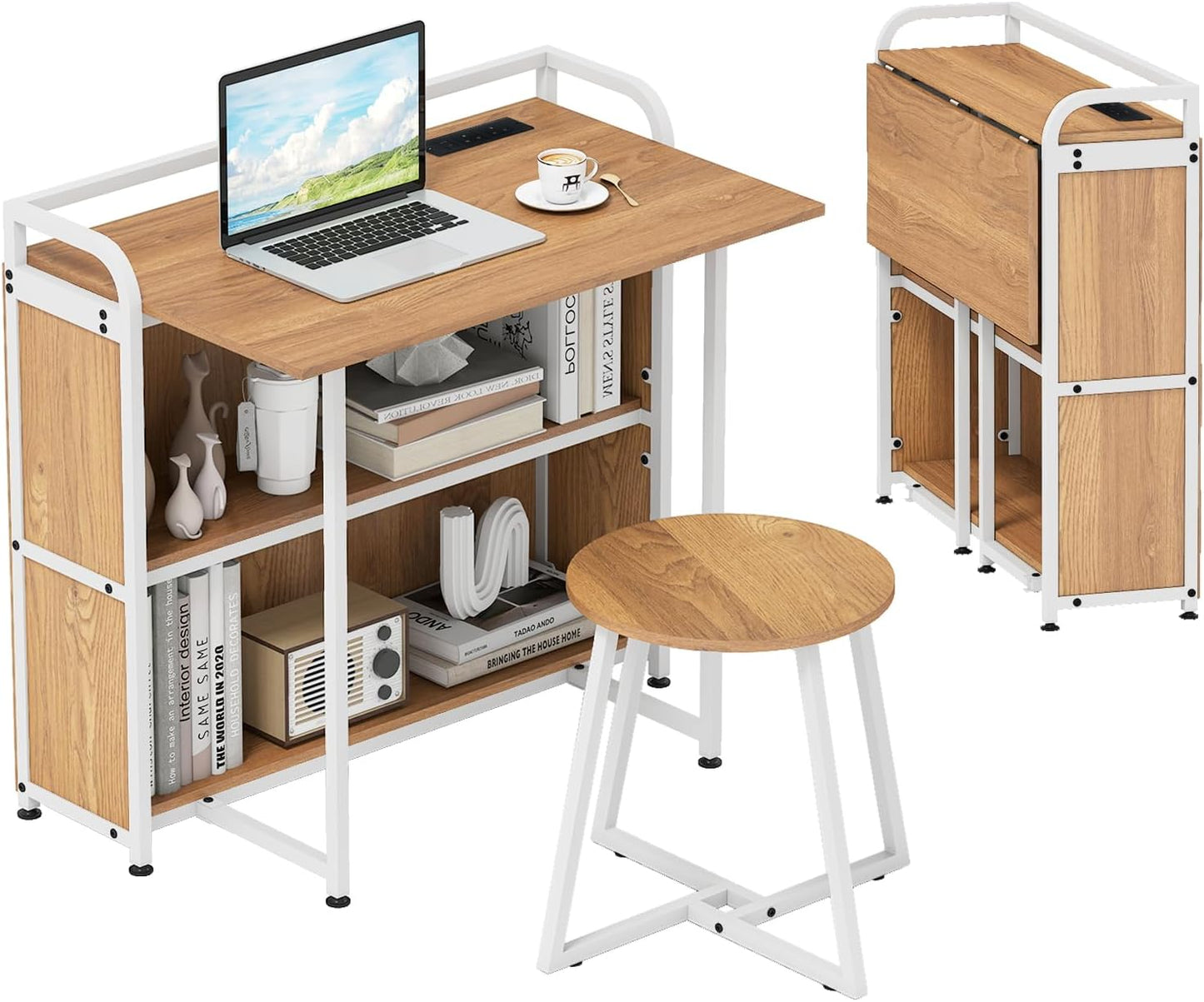 90 cm Folding Desk with Stool, Portable Computer Desk and Stool Set