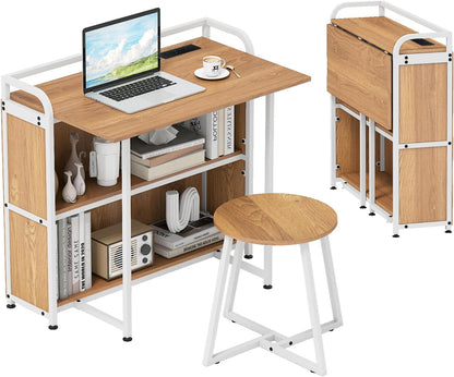 90 cm Folding Desk with Stool, Portable Computer Desk and Stool Set