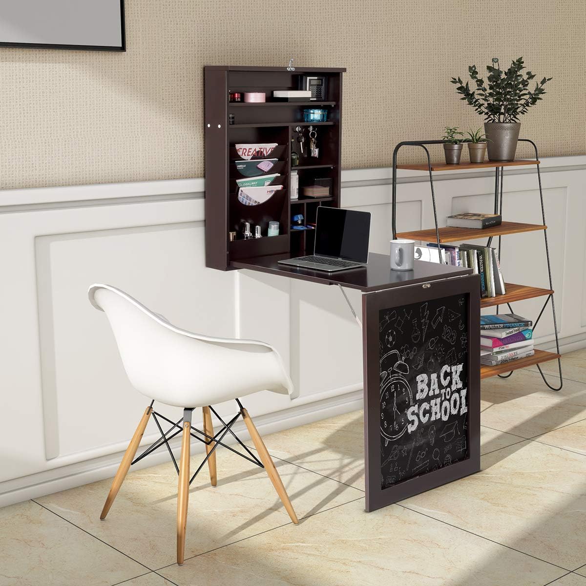 Folding Wall Mounted Drop-Leaf Table, Space Saving Floating Computer Desk with Chalkboard and Adjustable Storage Shelves
