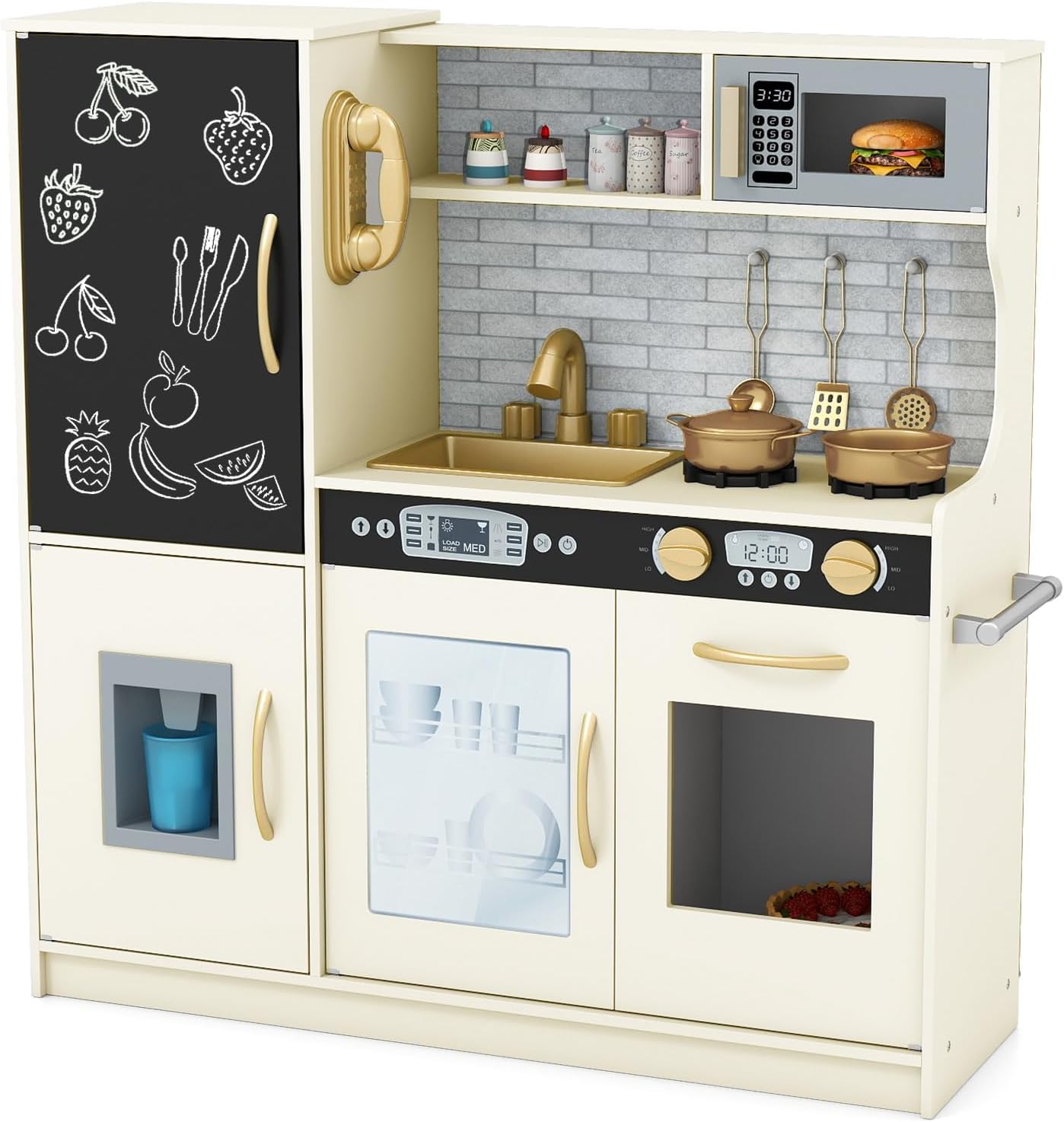 Kids Play Kitchen, Wooden Children Pretend Kitchen with Ice Maker