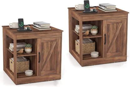 Farmhouse Nightstand with Charging Station Bedside Table with Adjustable Shelf