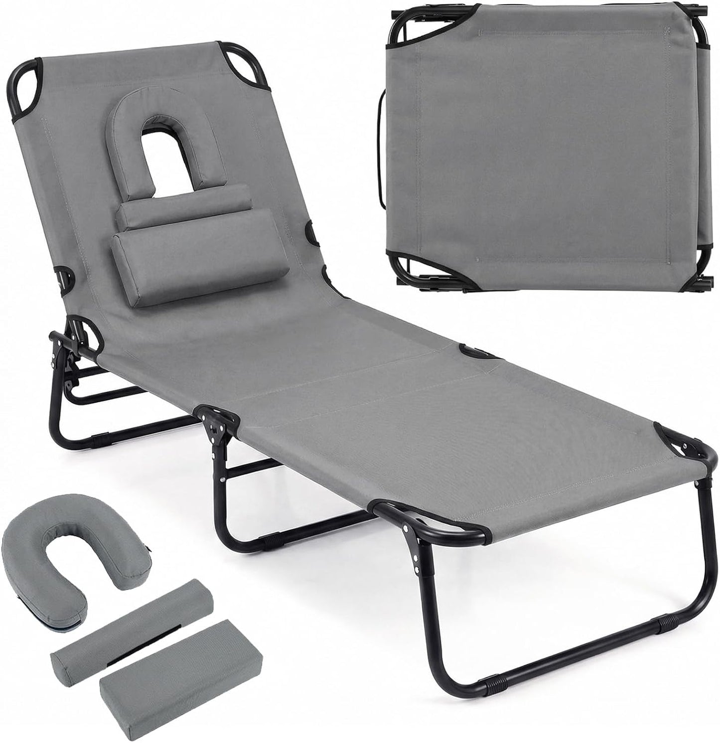 Folding Sun Lounger, 5-Position Adjustable Reclining Tanning Chair