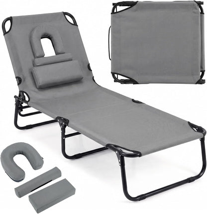Folding Sun Lounger, 5-Position Adjustable Reclining Tanning Chair