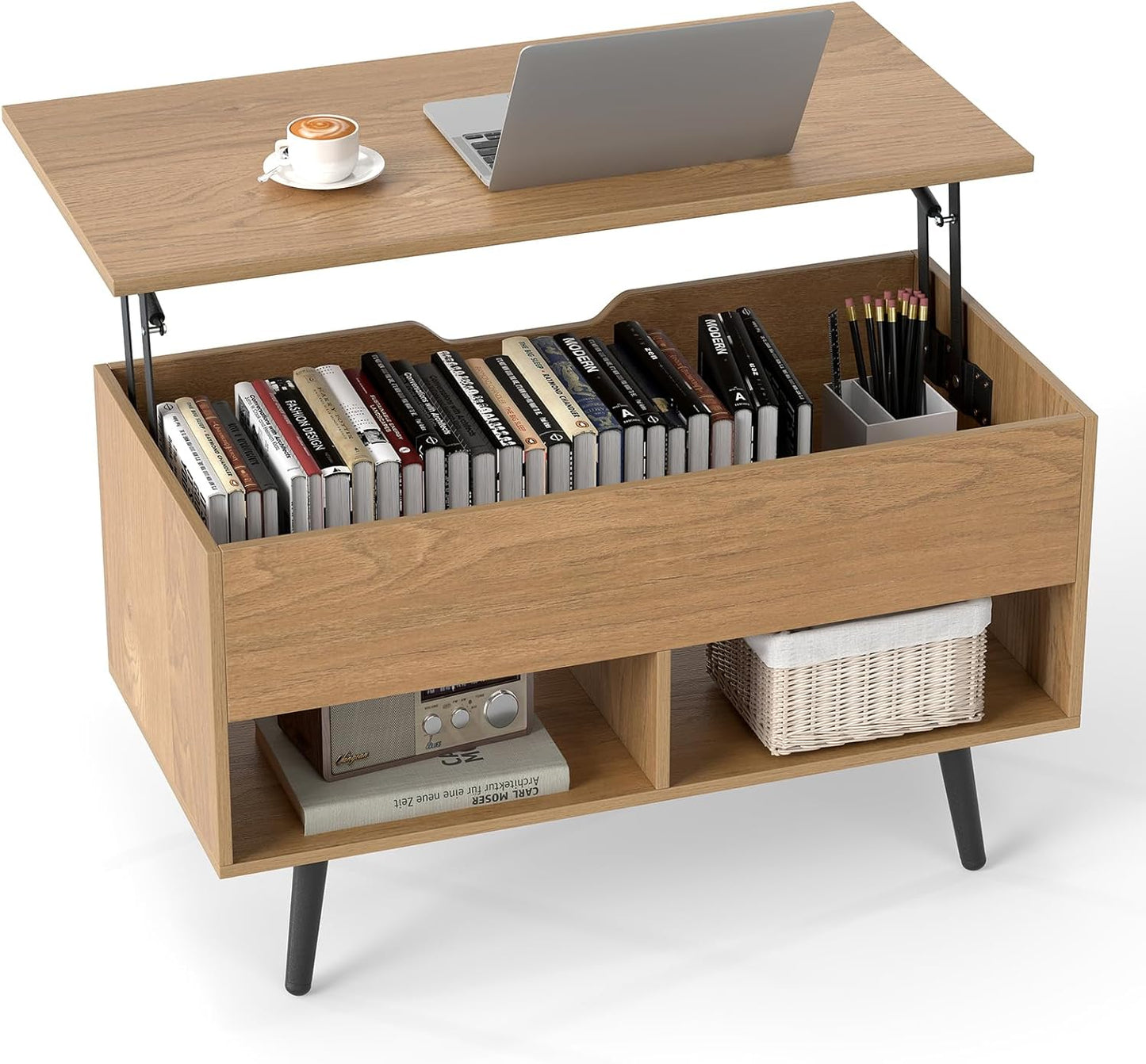 Lift Up Top Coffee Table with Hidden Storage Compartment and Open Shelf