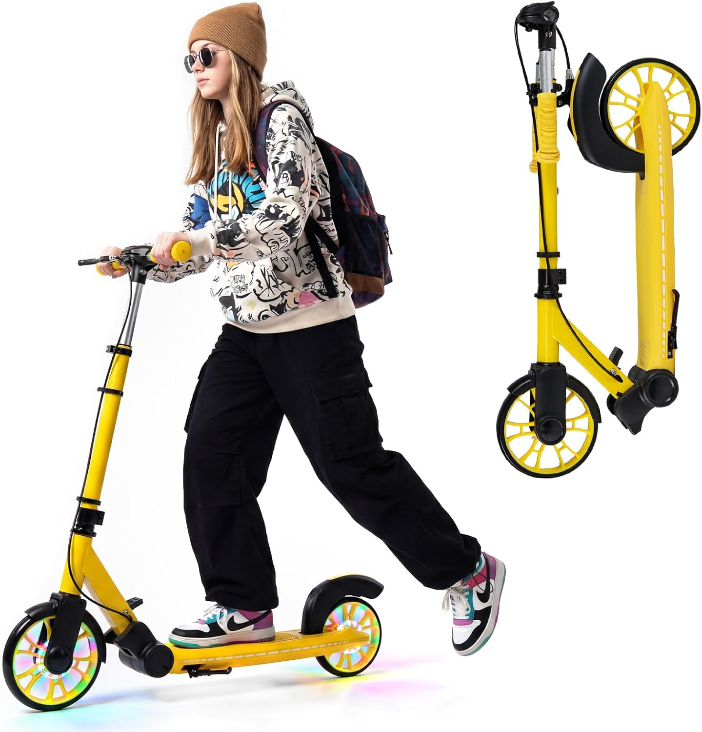 Folding Kick Scooter, 2 Flash Wheels Scooter with 3-Level Adjustable Handlebar and Rear Foot Brake