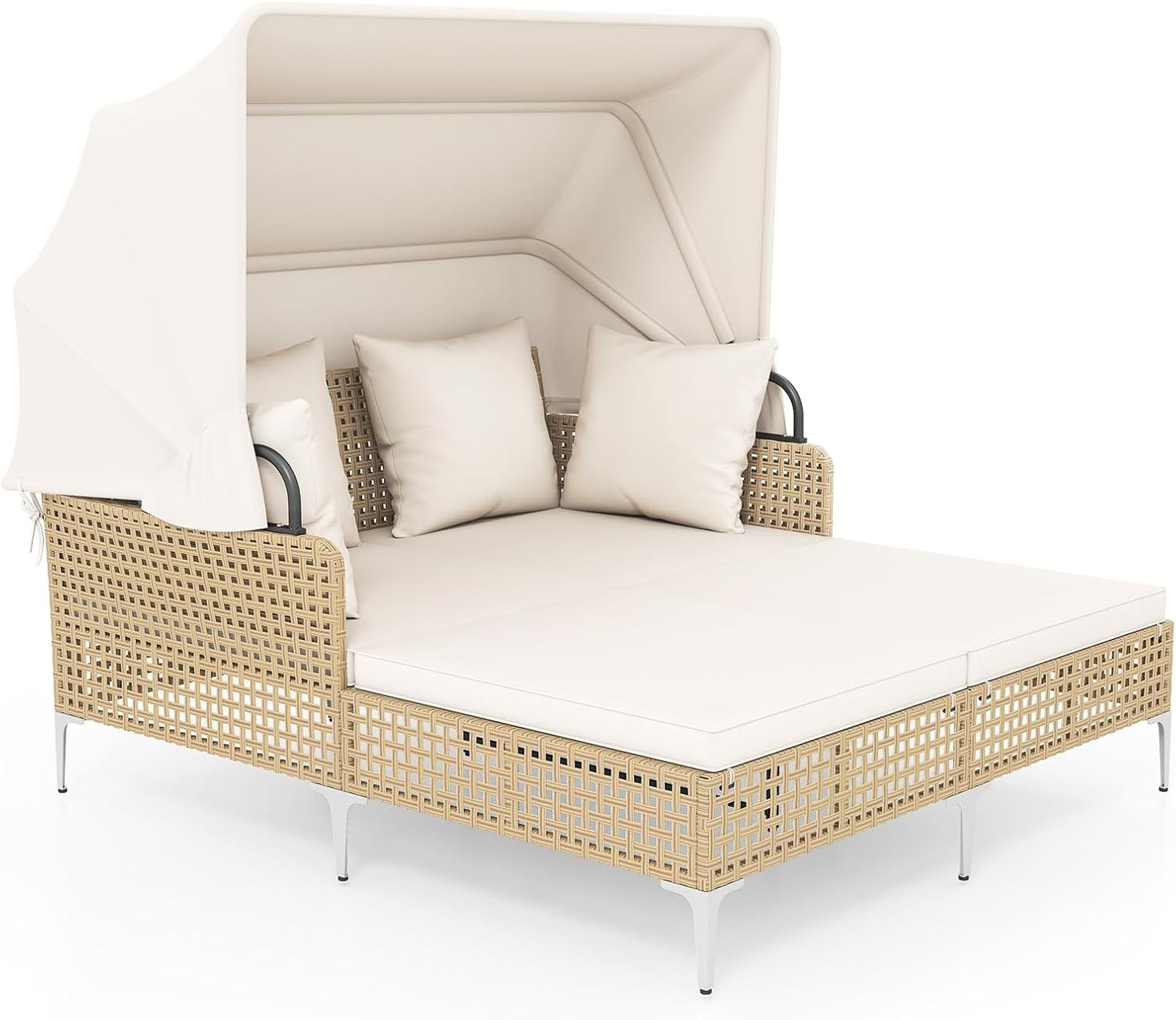 Garden Rattan Daybed, Patio Double Chaise Lounger Sun Bed with Retractable Canopy