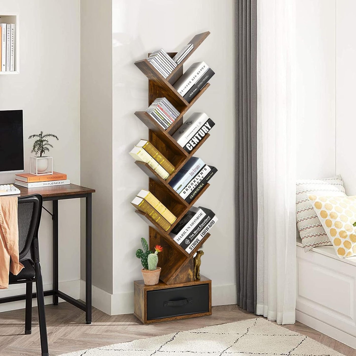 10-Tiers Floor Standing Wooden Bookcase Storage Shelving Unit