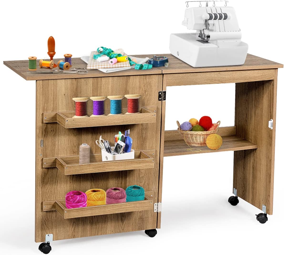 2-in-1 Rolling Folding Sewing Table with Storage Shelves and Lockable Casters