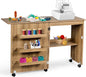 2-in-1 Rolling Folding Sewing Table with Storage Shelves and Lockable Casters
