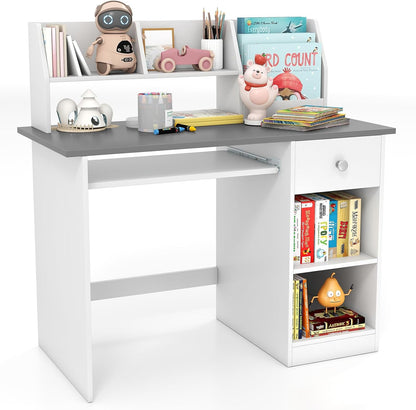 Kids Study Desk, Wooden Children Table with Drawer, Shelves, Hutch, Keyboard Tray