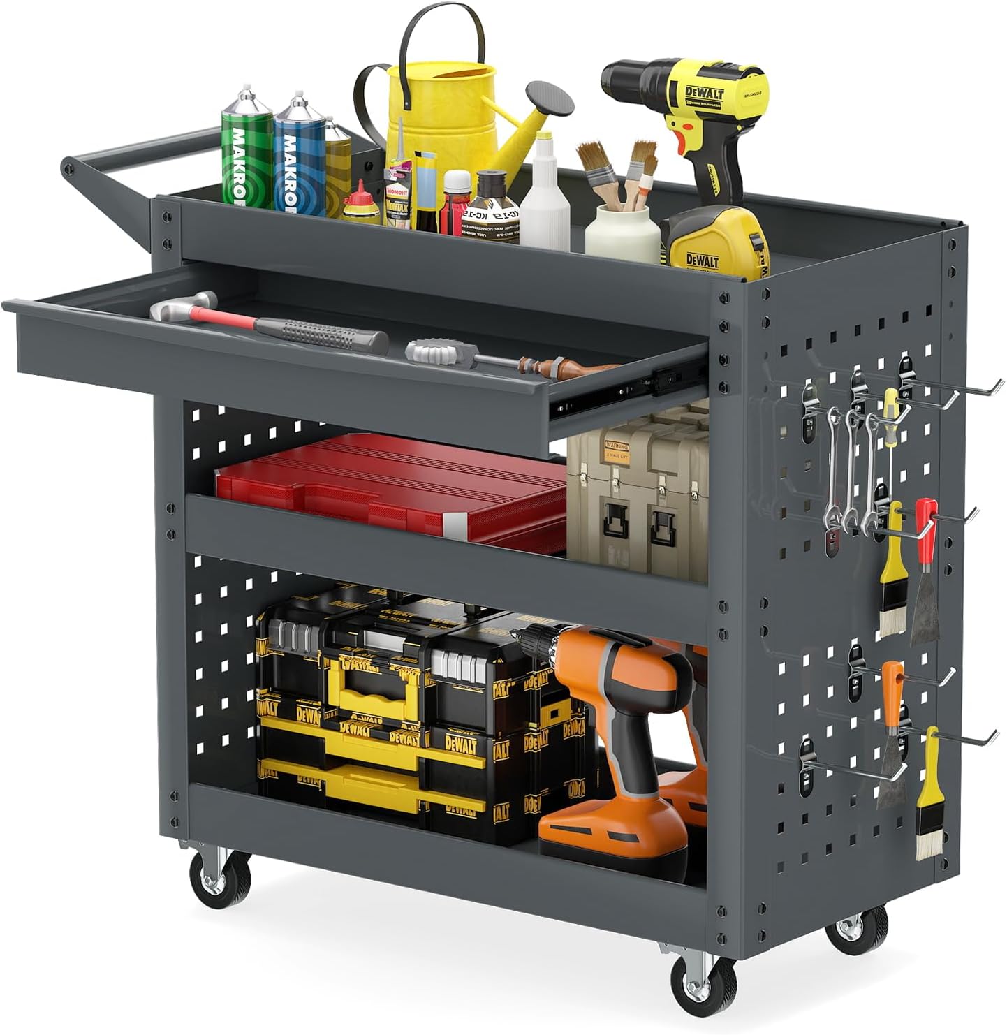 3-Tier Tool Trolley on Wheels, Lockable Metal Mechanic Tool Cart with Drawer