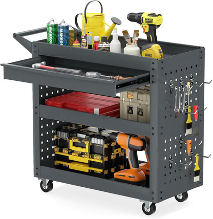 3-Tier Tool Trolley on Wheels, Lockable Metal Mechanic Tool Cart with Drawer
