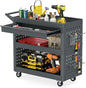 3-Tier Tool Trolley on Wheels, Lockable Metal Mechanic Tool Cart with Drawer