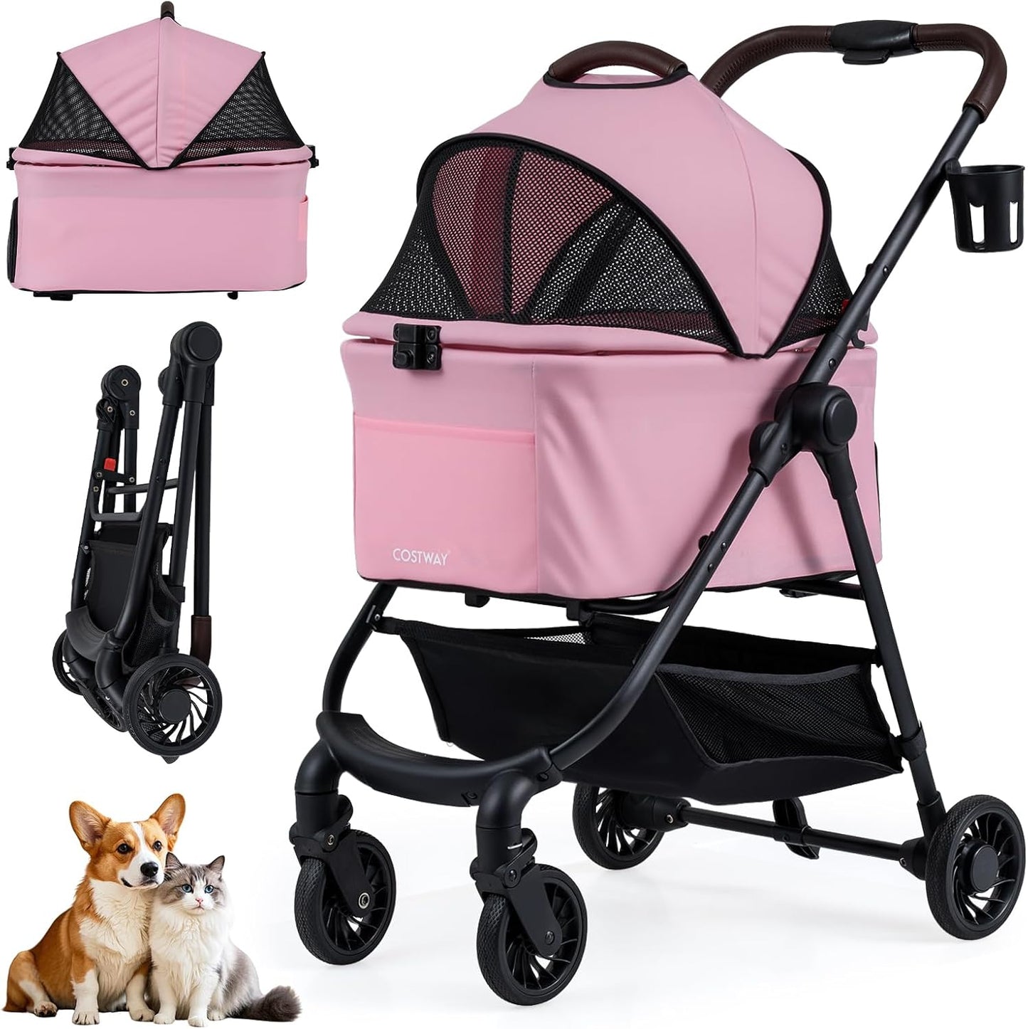 Pet Stroller, 3 in 1 Folding Dog Pram with Detachable Car Seat Carrier
