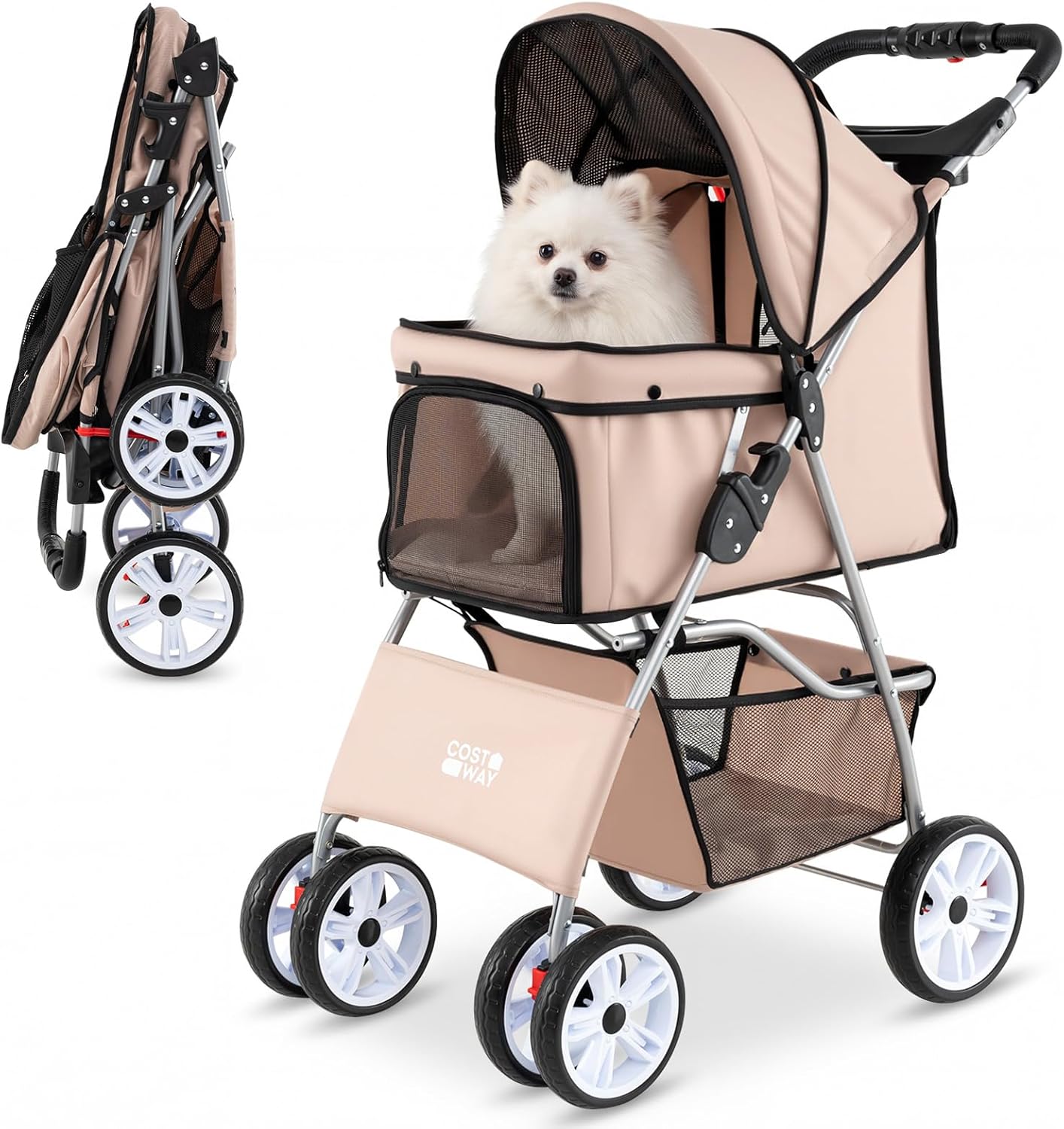 Pet Stroller, 4 Wheels Foldable Dog Pushchair Cat Pram with Adjustable Canopy