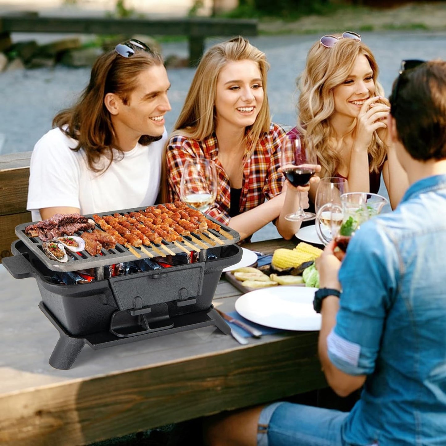 Cast Iron Charcoal Grill, Tabletop Barbecue Grill with Double-Sided Grilling Net