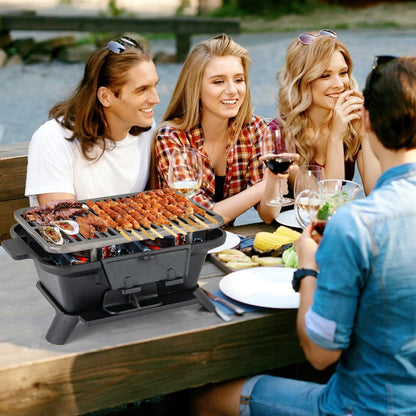 Cast Iron Charcoal Grill, Tabletop Barbecue Grill with Double-Sided Grilling Net