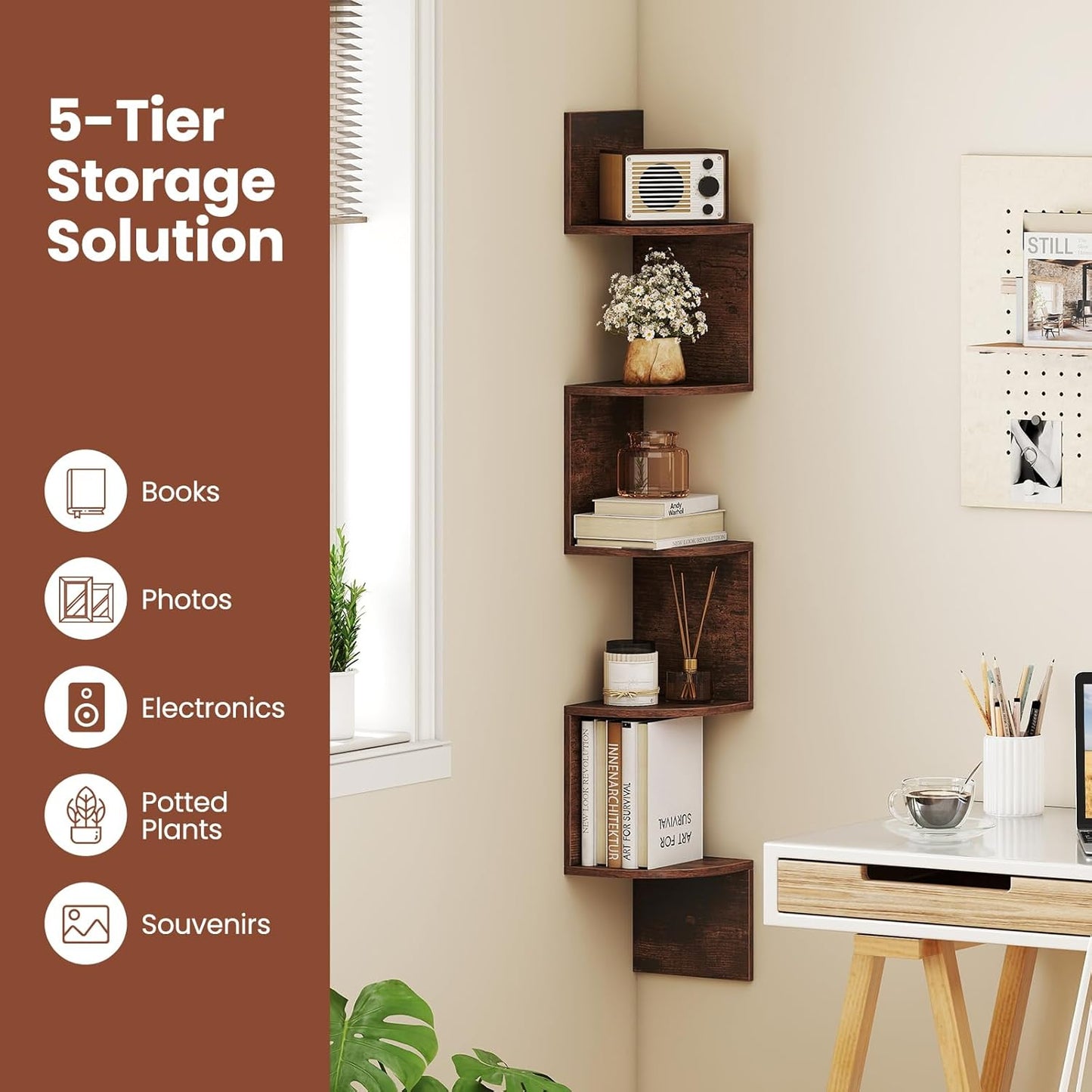 5-Tier Corner Shelf Wall Mount Floating Corner Bookshelf Corner Ladder Shelf