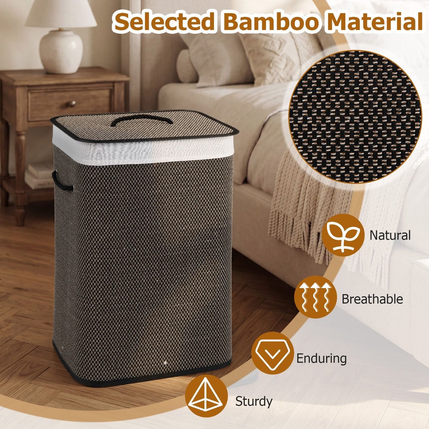 72 L Capacity Bamboo Laundry Hamper with Lid and Removable Liner for Bedroom