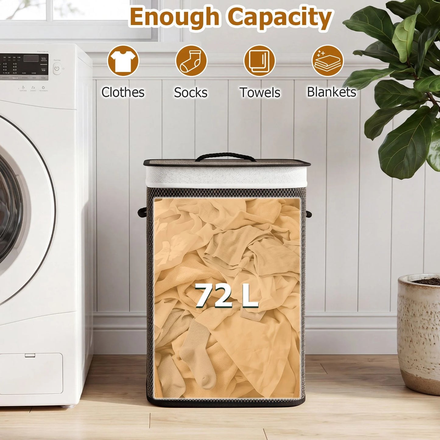 72 L Capacity Bamboo Laundry Hamper with Lid and Removable Liner for Bedroom