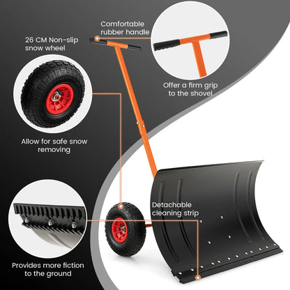 74 CM Metal Snow Pusher with Wheels for Driveway
