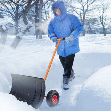 74 CM Metal Snow Pusher with Wheels for Driveway