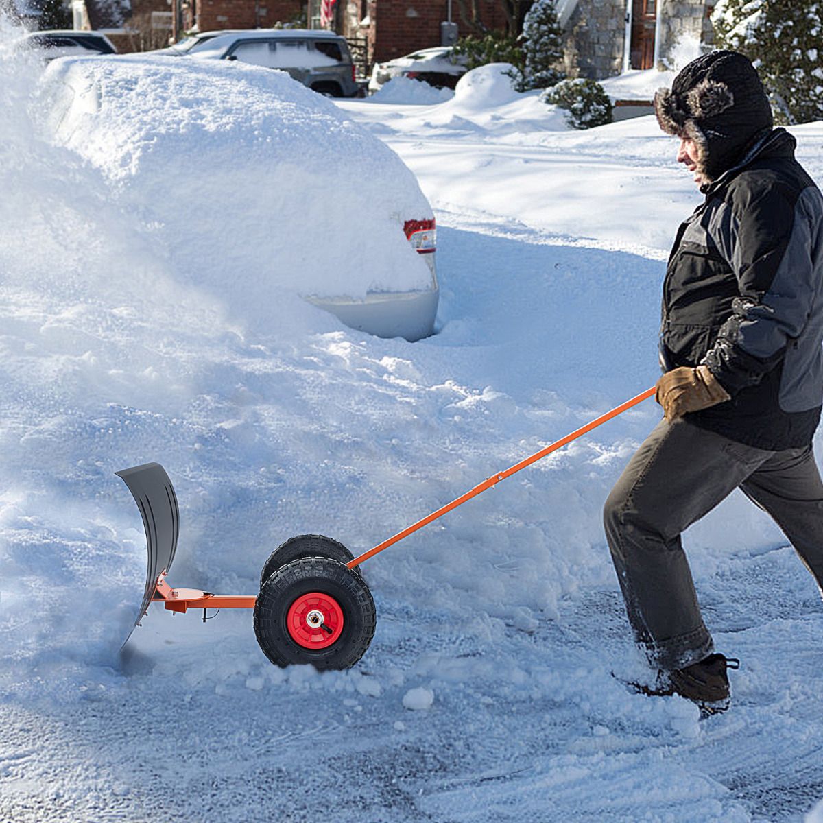 74 CM Metal Snow Pusher with Wheels for Driveway