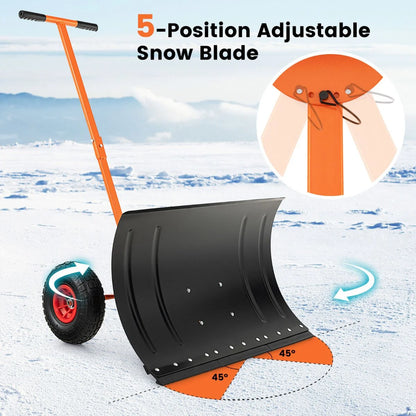 74 CM Metal Snow Pusher with Wheels for Driveway