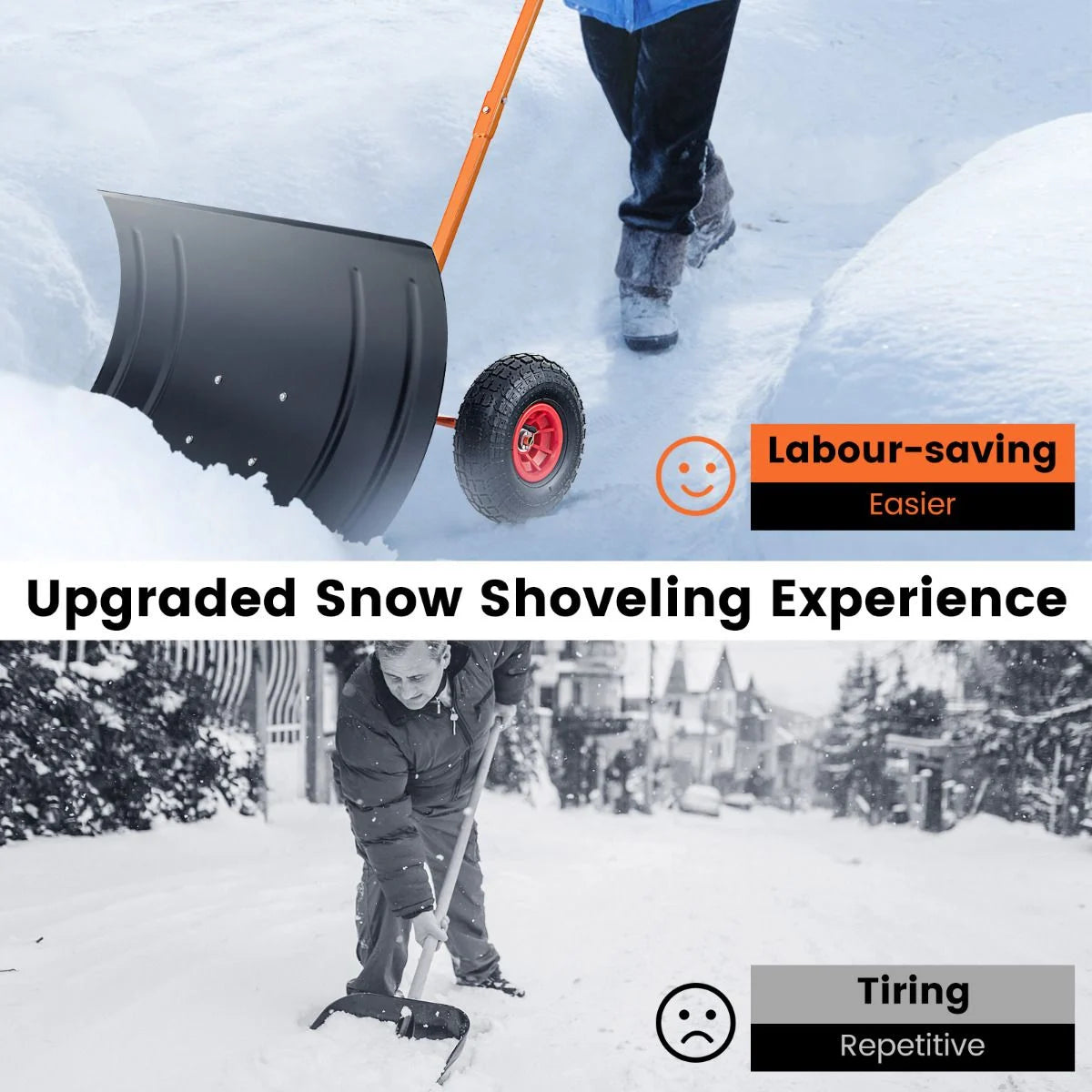 74 CM Metal Snow Pusher with Wheels for Driveway