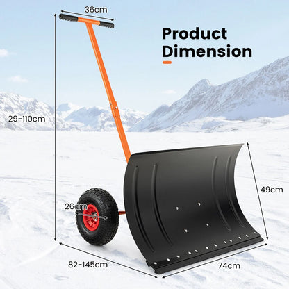 74 CM Metal Snow Pusher with Wheels for Driveway