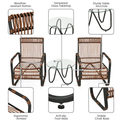 3 Piece Rattan Furniture Set with 2 Armchairs and Glass Coffee Table