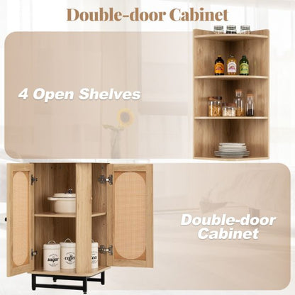 172 cm Tall PE Rattan Corner Cabinet with 2 Doors and 4 Open Shelves