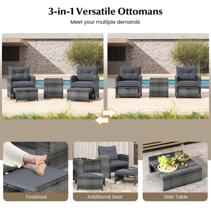 5 Piece Wicker Patio Furniture Set with 2 Cushioned Chairs and 2 Ottomans