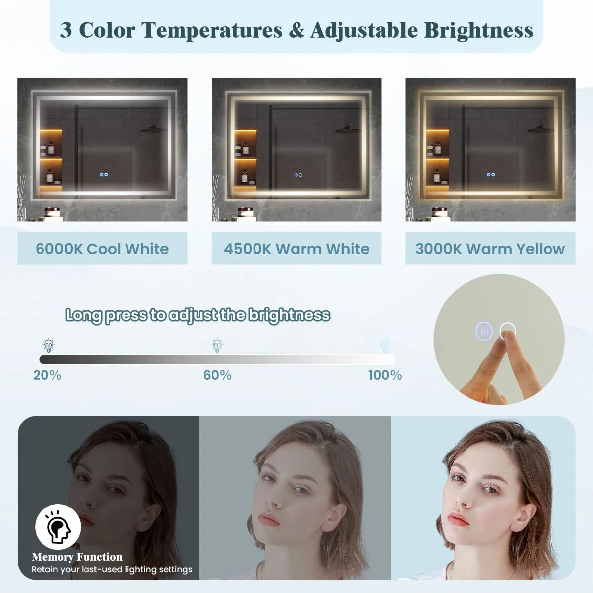 80 x 60 CM LED Bathroom Mirror with 3-Color Dimmable Lights