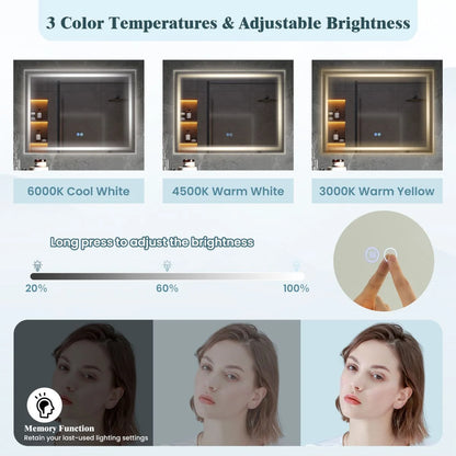 80 x 60 CM LED Bathroom Mirror with 3-Color Dimmable Lights