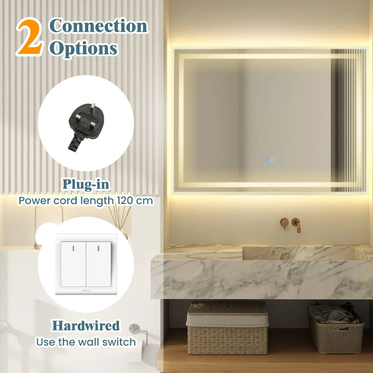 80 x 60 CM LED Bathroom Mirror with 3-Color Dimmable Lights
