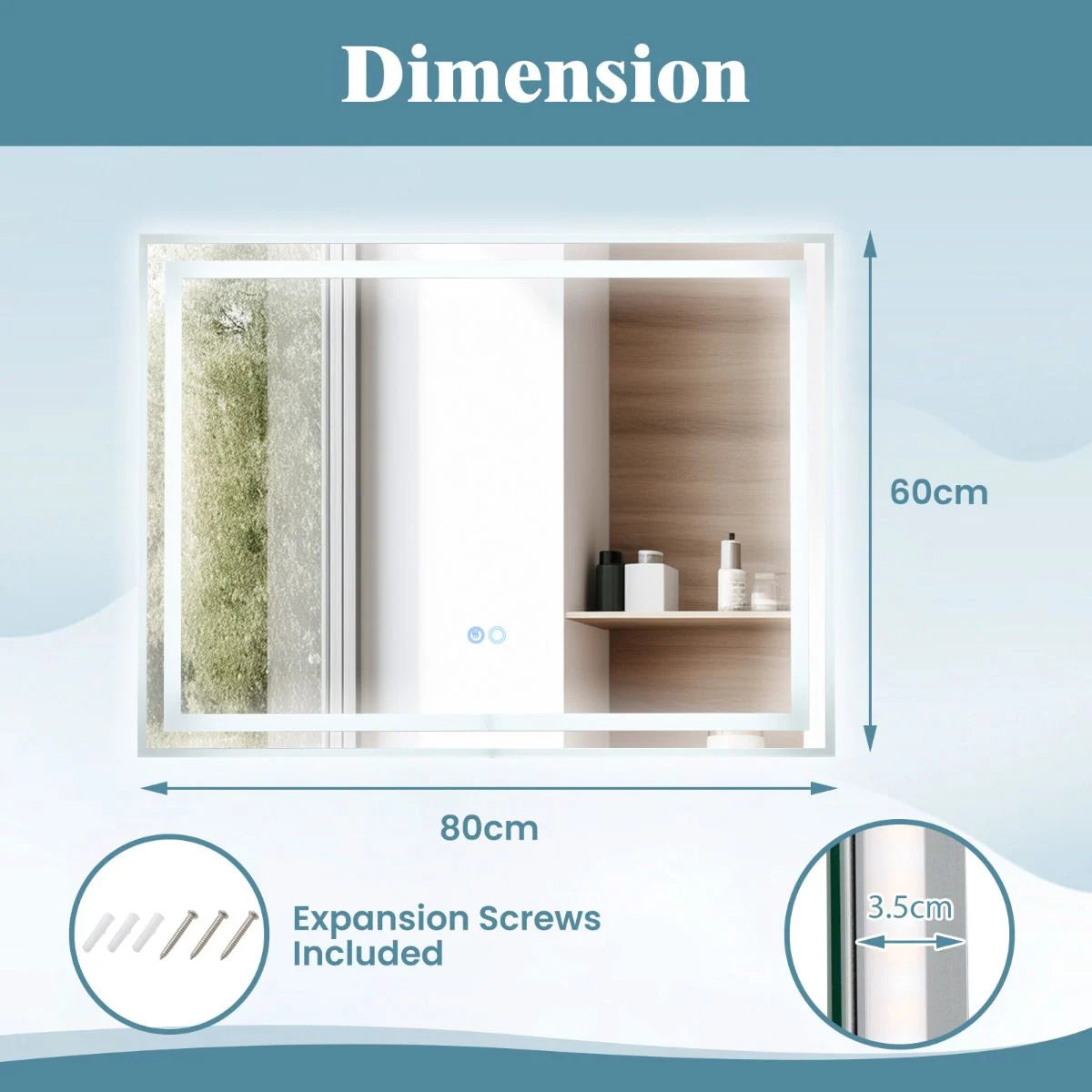 80 x 60 CM LED Bathroom Mirror with 3-Color Dimmable Lights
