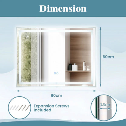 80 x 60 CM LED Bathroom Mirror with 3-Color Dimmable Lights