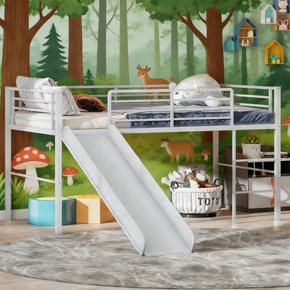 Sliding Loft Children Single Bed with Stairs and Safety Guardrails