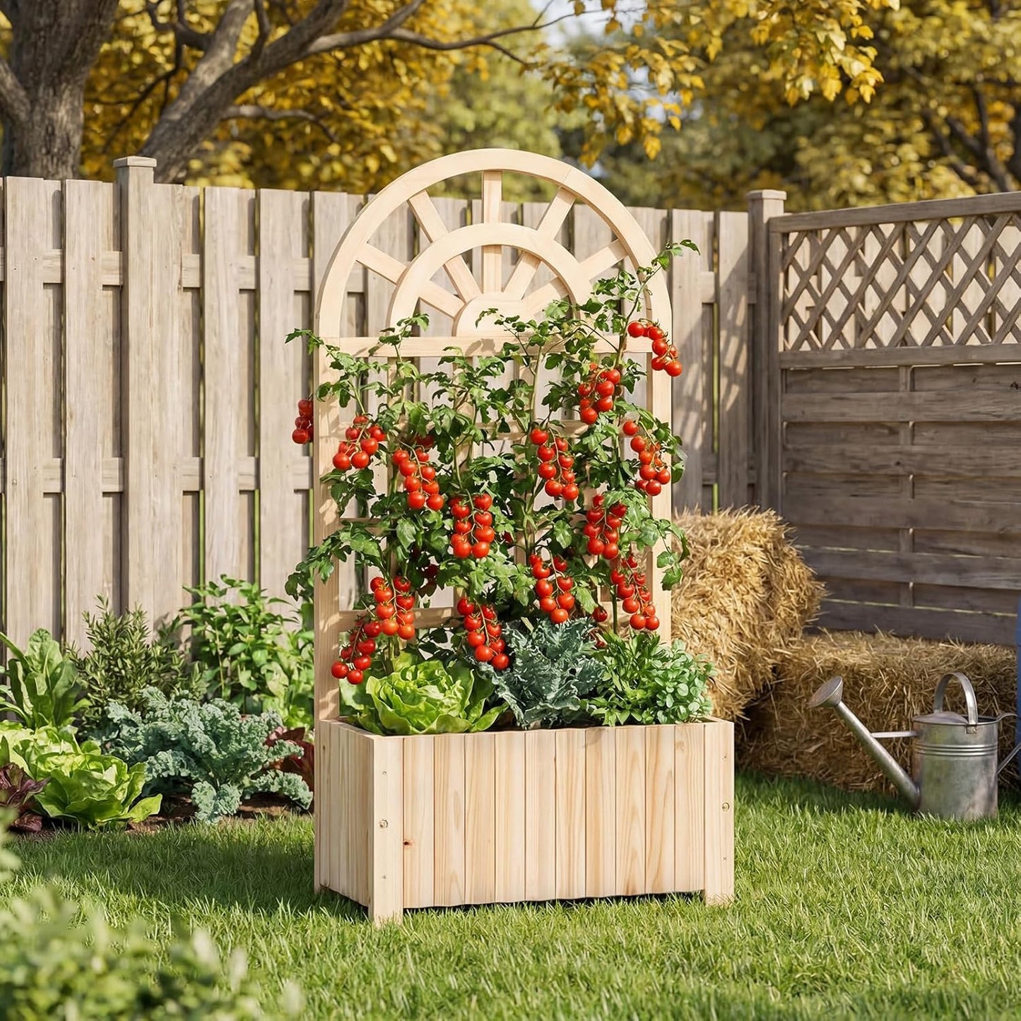 Garden Planter with Trellis, Wooden Raised Bed with Drainage Holes