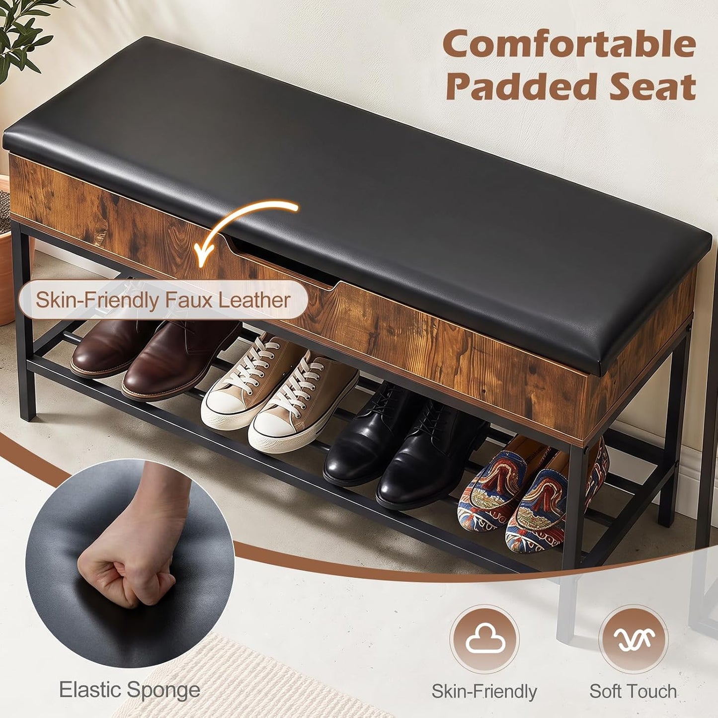 100cm Flip-Top Shoe Bench with Padded Seat, Hidden Storage, Shelf