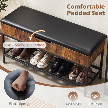 100cm Flip-Top Shoe Bench with Padded Seat, Hidden Storage, Shelf