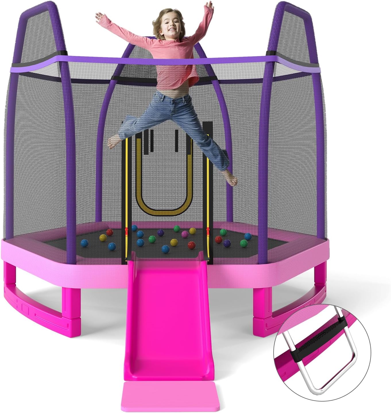 7 Feet Hexagonal Trampoline with Slide and Safety Enclosure Net