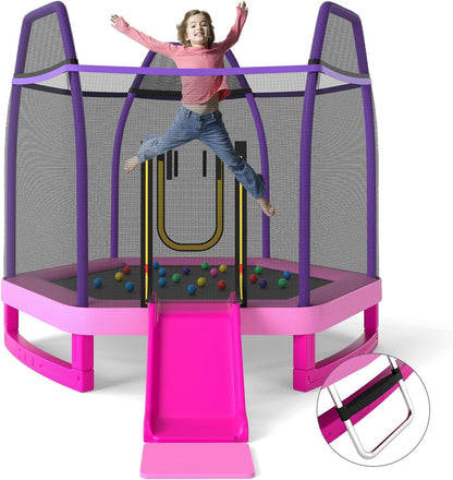 7 Feet Hexagonal Trampoline with Slide and Safety Enclosure Net