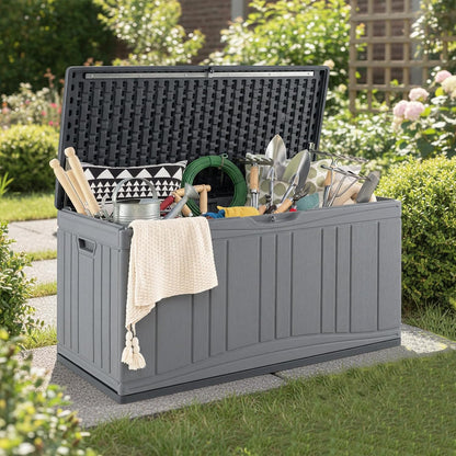 Garden Storage Box, Waterproof Resin Deck Box Bench with Lockable Lid