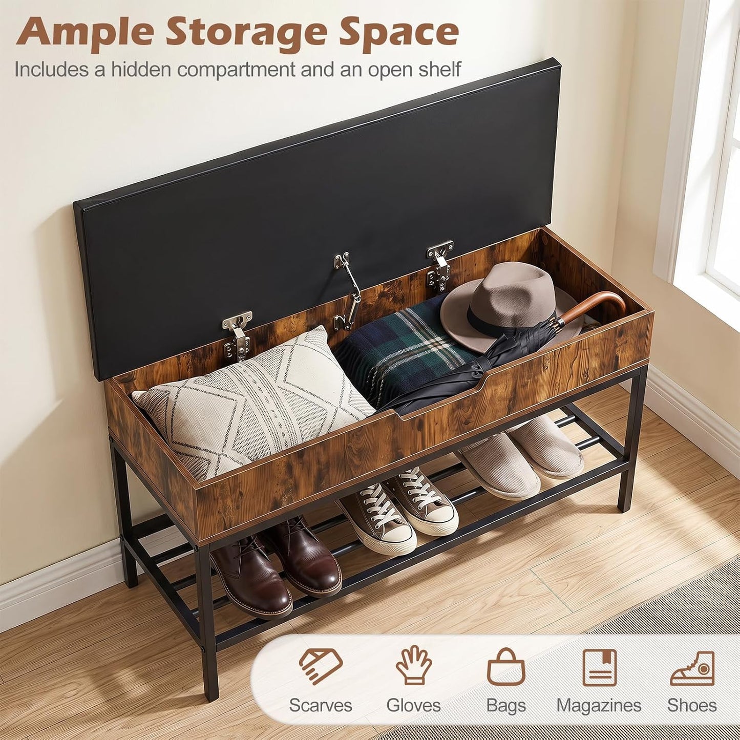 100cm Flip-Top Shoe Bench with Padded Seat, Hidden Storage, Shelf