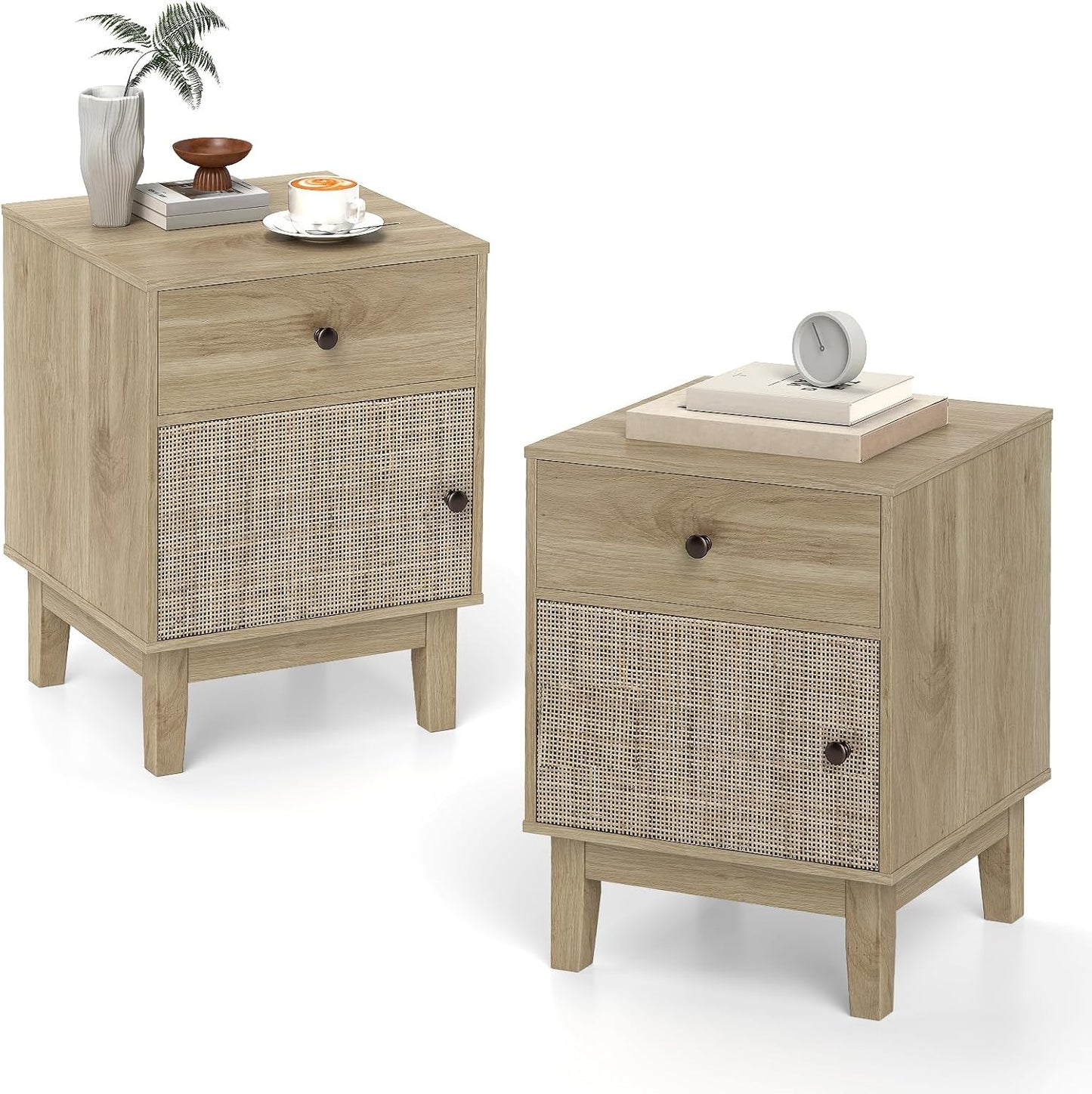 Modern Rattan Nightstand with Storage Drawer and Cabinet