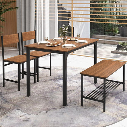Dining Table and 2 Chairs with Bench, 4 Piece Metal Frame Kitchen Table and Chairs Set