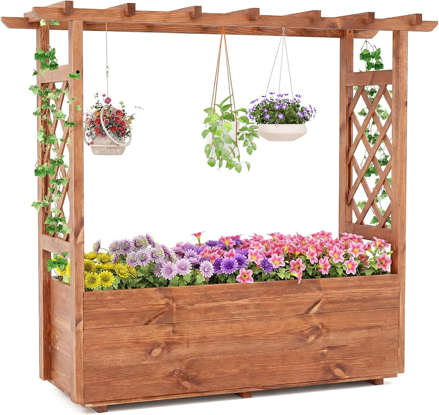 Raised Garden Bed with Lattice Trellises Hanging Roof Drainage